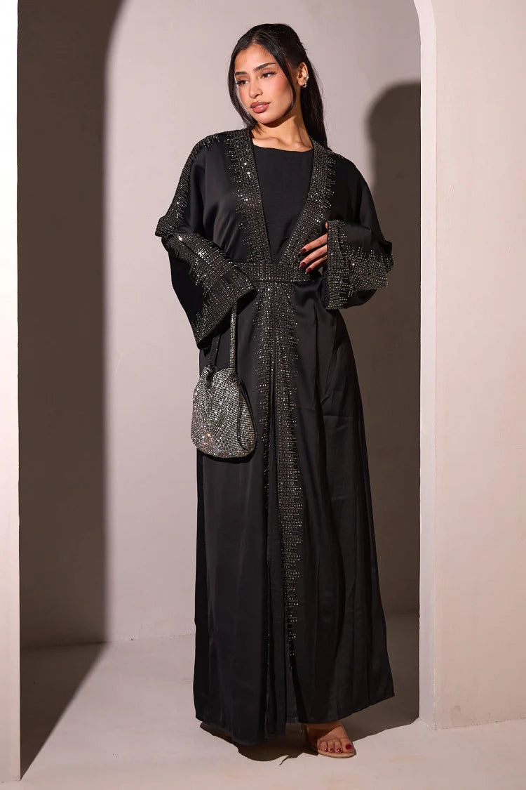 Two-piece set: Abaya + dark green sequin kimono + veil.