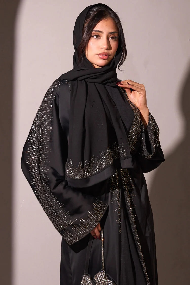 Two-piece set: Abaya + dark green sequin kimono + veil.