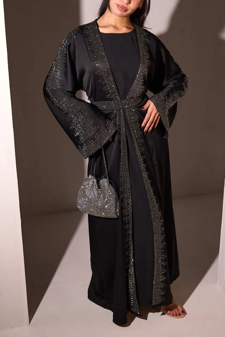 Two-piece set: Abaya + dark green sequin kimono + veil.