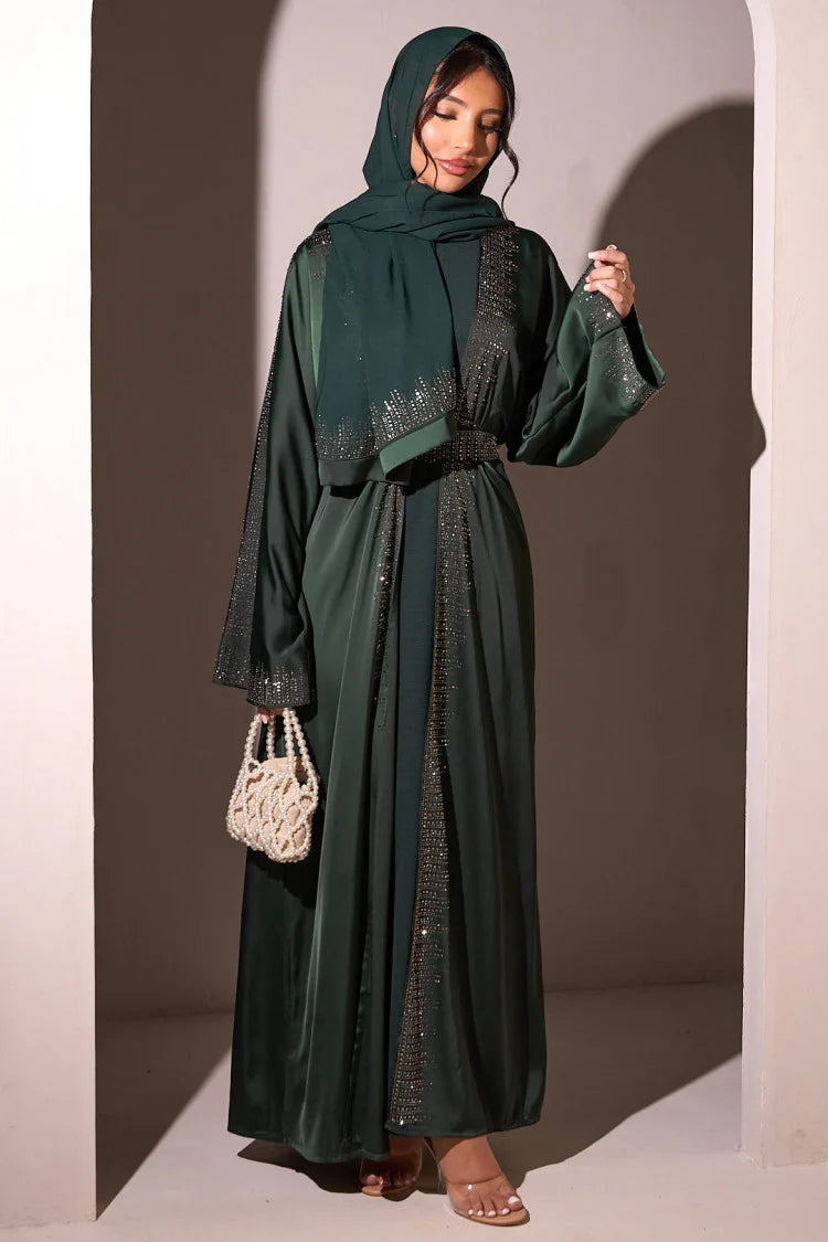 Two-piece set: Abaya + dark green sequin kimono + veil.