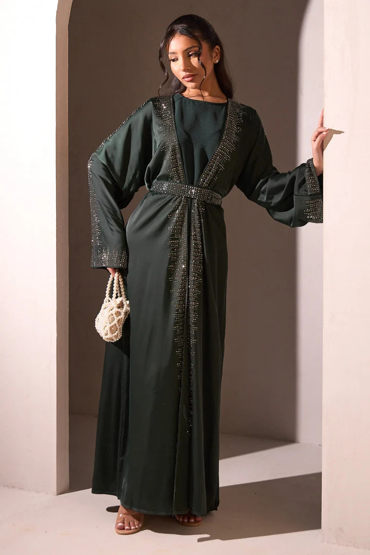 Two-piece set: Abaya + dark green sequin kimono + veil.